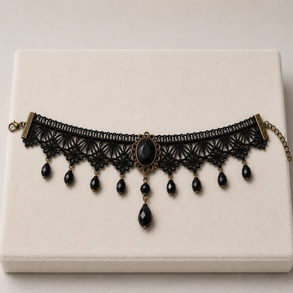 Black Lace Beaded Choker Necklace Victorian Lace Drop Detail - Picture 4 of 7